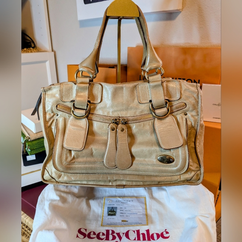 Chloé Tan Lambskin Leather Bay & Gold Handbag